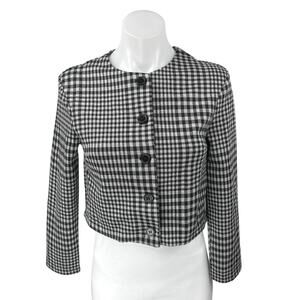 H&M Black White Checkered Plaid Long Sleeve Button Up Crop Blazer Coat Jacket XS
